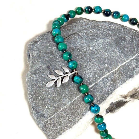 Teal Chrysocolla Short Necklace, Genuine Gemstone & Silver Leaf Branch Pendant - Picture 4 of 13